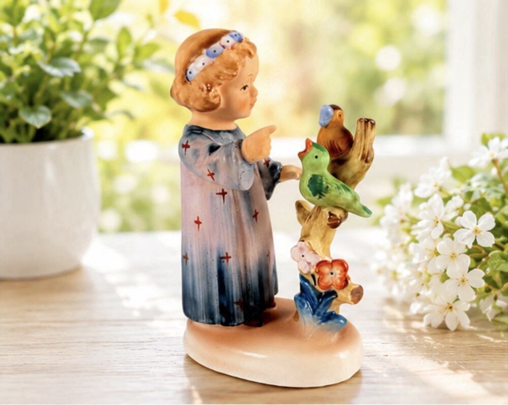 RARE American Children figurine SINGING TEACHER GIRL with birds Occupied Japan